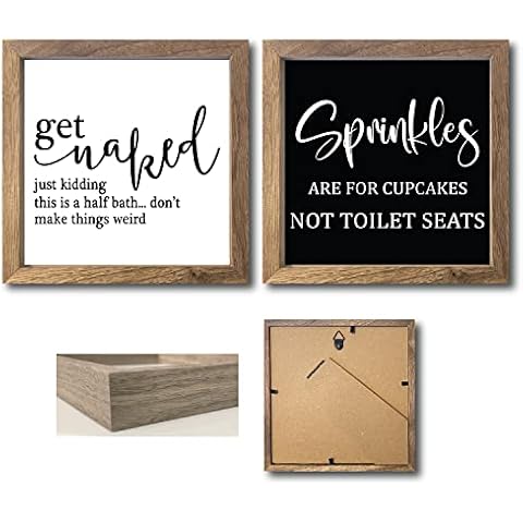Avamie 2 Pack Funny Decorative Signs For Bathroom Decor, 6.5x.6.5 Inch Decorative Wood Bathroom Signs, Bathroom Table And Wall Decor Cover