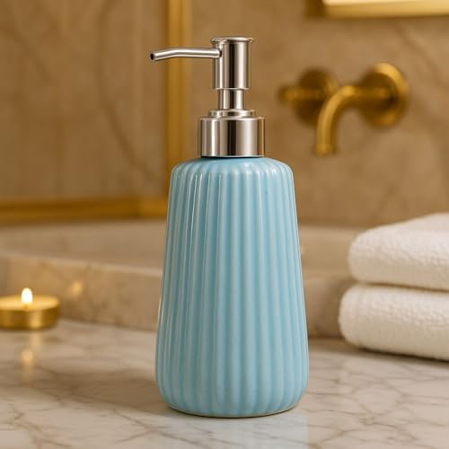 Image of Ceramic Soap Dispenser 330ml (Set of 1) | Liquid Hand Wash Pump Bottle for Bathroom & Kitchen, Multipurpose Lotion, Shampoo, Conditioner, Gel, Sanitizer Dispenser | Blue
