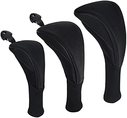 WIHQIBVCE Golf Head Covers - 3Pcs Golf Club Head Covers for Wood & Fairway, Driver Headcover Hybrids of No. Tags 3 4 5 6 7 X with Long Neck Mesh for Extra Club Protection (Black)