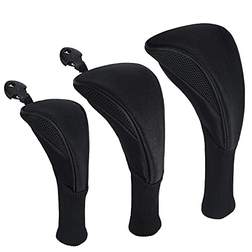 WIHQIBVCE Golf Head Covers - 3Pcs Golf Club Head Covers for Wood & Fairway, Driver Headcover Hybrids of No. Tags 3 4 5 6 7 X with Long Neck Mesh for Extra Club Protection (Black)