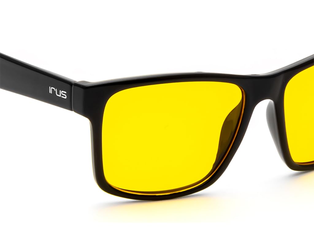 IRUS Gafas de sol 100 % protección UV sólidas de borde completo cuadradas para hombre, marco de policarbonato negro brillante, lente de policarbonato amarillo sólido