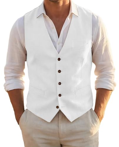 Aowdoy Men Linen Vest Casual Suit Vests Regular Fit Beach Wedding Waistcoat For Mens Groomsmen Party Dress Vest White XS