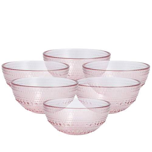 FORTESSA Jupiter Beaded Hobnail Glass Vintage Themed Collection, 14 Ounce All-Purpose Glass Bowl (6 pack) Dishwasher-Safe, Snack Bowl For Cereal, Salad, or Dessert, Pink