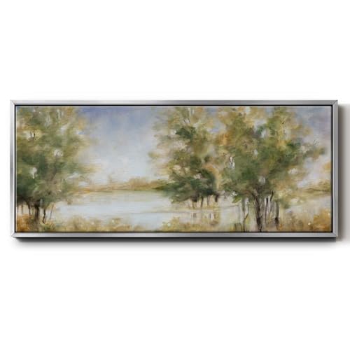 Renditions Gallery Nature Symphony Floater Framed Artwork Lake View Through Trees Canvas Wall Art Prints & Paintings for Hotel Office Kitchen - 20"X50" SILVER Frame GAL037