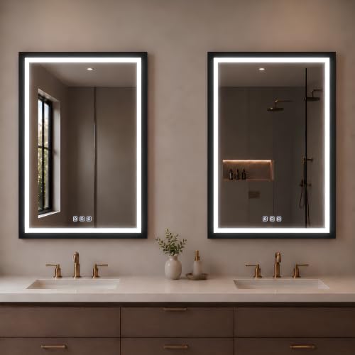 Image of USHOWER 2 Pack 24x36 Inch Black Mirror with Light Frame | Led Bathroom Mirror for Wall, Smart Anti-Fog Vanity Mirror with 3 Colors, Stepless Dimmable, Memory Fuctions,ETL Listed