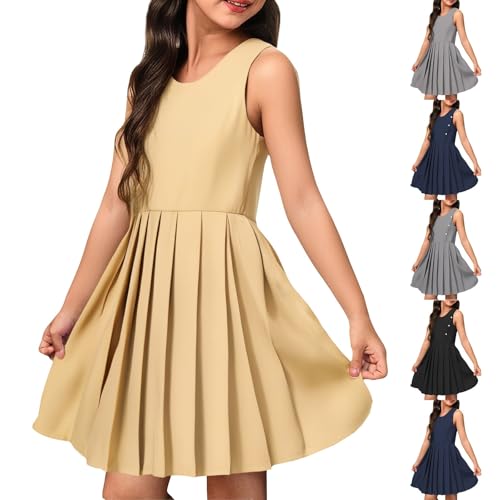 Girls Summer Sundress Casual Sleeveless Swing Dress A-Line Knee Length School Jumper Pleated Ruffle Midi Preppy Dress4