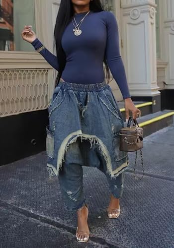 Women's Denim Harem Pants Elastic Waist Patchwork Jeans Ripped Hippie Cropped Denim Jogger Pants with Pockets2