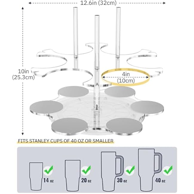 NiHome Rotating Clear Acrylic Water Bottle Organizer Rack, 360¡ã Rotatable Cup Holder, Multi-Size Compatible with Stanley 40oz & More, Durable Transparent Material, Anti-Slip Pad, Lid Storage Feature