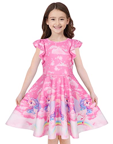 Quedoris Girls Twirly Printed Casual Party Dress Ruffle Sleeve Fantasy Unicorn Cap L #TOP16