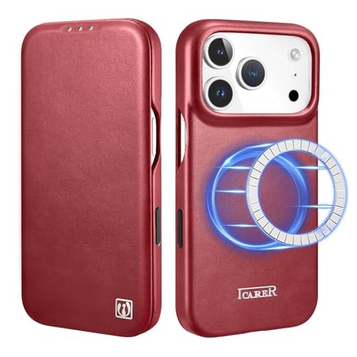 ICARER Lederhülle für iPhone 17 Pro 2025, Echte Leder Hülle Tasche Handytasche Case mit Kartensteckplatz Magnetflip Wallet Kompatibel mit Mag-Safe und Kabelloses Laden für iPhone 17 Pro 6,3-Rot