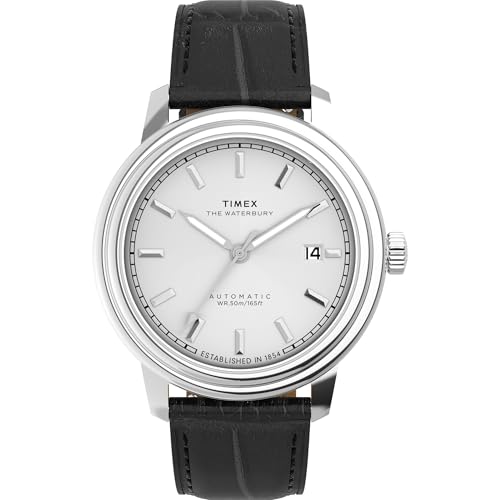 Timex Waterbury Metropolitan   Reloj para Hombre, Correa Negra, Esfera Plateada, Caja de Acero Inoxidable