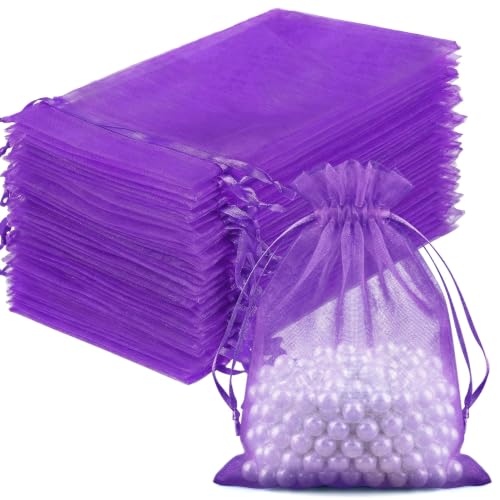 Image of FUNFERY 100PCS Purple Organza Gift Bags 4x6in,Drawstring Pouch for Jewelry