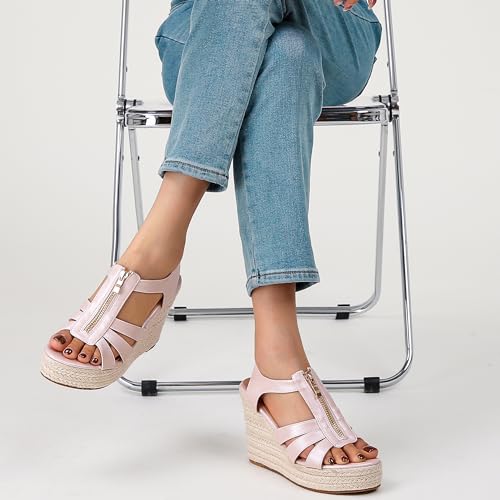 Image of Womens Front Zipper Espadrille Wedge Sandals Dressy, High Heel Platform Sandals Open Toe Slingback, Comfy Sexy Summer Wedges Sandals