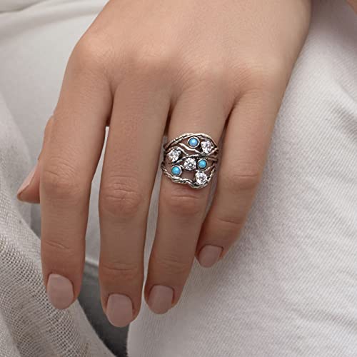 925 Sterling Silver Ring With 3 Blue Round Opal 4 White Round Cubic Zirconia Boho Chic Vintage Look Hypoallergenic Nickel And Lead-Free, Artisan Handcrafted Designer Collection, Made In Israel #TOP1