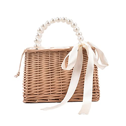 Image of KESYOO Pearl Straw Handbag Beach Bag for Women with Drawstring Closure Portable Tote for Vacation Shopping Outdoor Travel 9.05 X 5.90 X 4.72 in