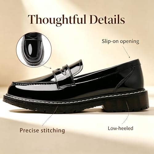 Image of Black Penny Loafers for Women, Shiny Comfortable Dress Work Shoes