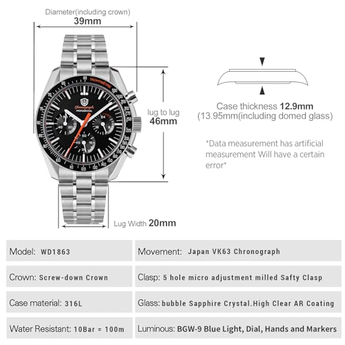 Image of watchdives WD1863 Men Chronograph Watch Japan VK63 Quartz Sports Watches 40mm Bubble Sapphire Crystal Wristwatch 100M Dive Watch