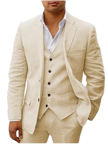 3 PC Men's Linen Suit: Peak Lapel Summer Beach Wedding Suit - Two Buttons Jacket, Vest, Pants - Prom, Business Suit