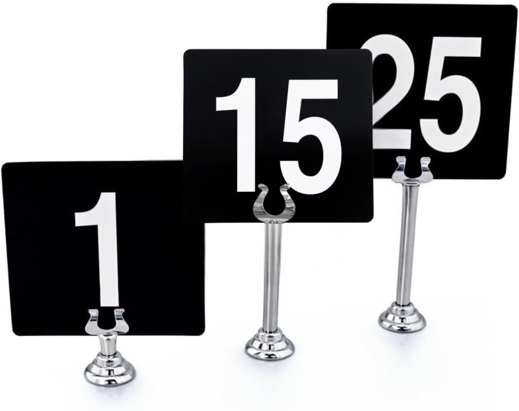 Double Sided Plastic Table Numbers for Restaurant, Wedding Seating Signs for Party, Banquets, Table Numbers - 4" x 4" White on Black (100)