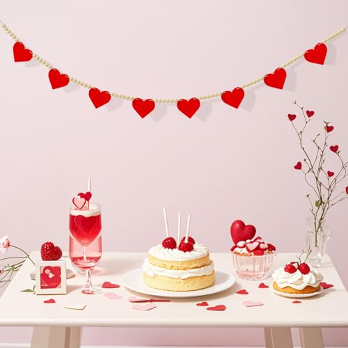 Image of Valentines Garland Decorations Banner, Pre-Assembled Wooden Hearts with Wooden Bead Garland for Valentines Day Decor, Hanging Banner for Mantel Home Fireplace Wall Party Decor
