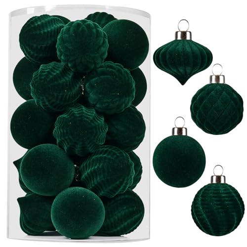 Wironlst Velvet Ornaments for Christmas Tree, 4 Style Flocked Matte Velvet Christmas Ball Ornaments, Shatterproof Decor for Xmas Tree Wedding Holiday Party Home(1.57" 25pcs Green)