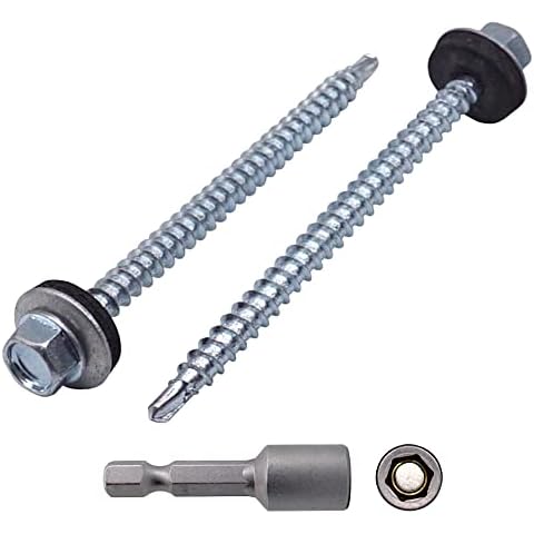 SKIR'CO (200 pcs) Zinc Plated Roofing Screws, 4.8 x 70 mm Self-Drilling Screws With EPDM Sealing Washers, Sheet Metal Hex Screw Cover
