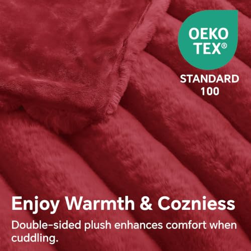 Image of BEDELITE Faux Fur Throw Blanket for Couch, 770GSM, 50 inch x 60 inch, Red | Soft and Cozy Luxurious 3D Striped Fluffy Blanket, Warm Plush Fuzzy Faux Rabbit Fur for Women Gift, Stylish Room Decor