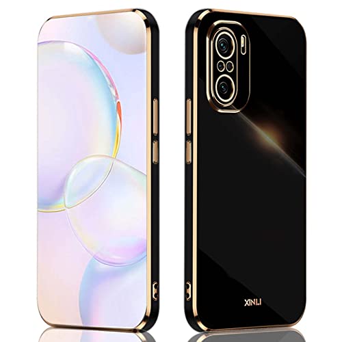 QIYIN Coque pour Xiaomi Poco F3/Xiaomi Mi 11i 5G, Housse Silicone Coloré Case Protégez la Caméra, Étui Ultra-Fin Antichoc pour Femme Cover avec Cadre Doré (Noir) Cover
