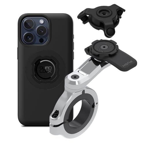 Image of Quad Lock Motorcycle Handlebar Phone Mount PRO Chrome - Large with Vibration Dampener and MAG Phone Case for iPhone 15 Pro Max