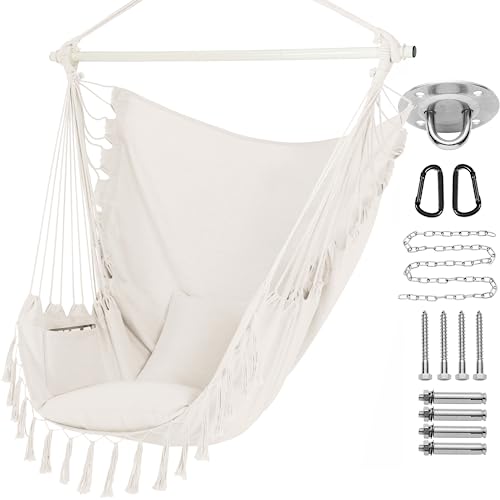 Pnaeut Hammock Chair Hanging Rope Swing With Tassel And Pocket, Max 500 Lbs, 2 Cushions Included, Steel Spreader Bar With Anti-Slip Rings, Hardware Kit And Bag, For Indoor Outdoor (Natural) #TOP10