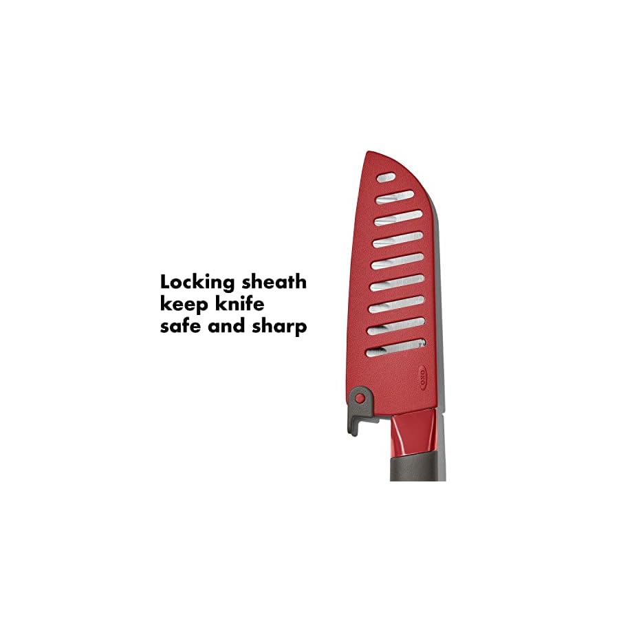 OXO Outdoor 5.5in/14cm Santoku Knife with Locking Sheath,Gray/Red