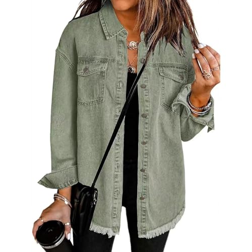 2025 Women's Casual Denim Button Down Distressed Jacket Cropped Ripped Jean Coat with Raw Hem Light Wash Streetwear Outerwear