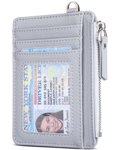 Image of Teskyer Slim RFID Wallet for Women, Small Card Holder with Zip Pocket, Grey, 3.5 inch x 4.7 inch, Minimalist | Zip Pocket for Cash Coin, 1 ID Window & 7 Card Slots, Ultra Slim Design, D-Ring for Neck Lanyard, for Daily Carry and Travel
