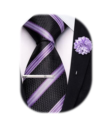 Image of Hi-Tie 63 inches Striped Paisley Extra Long Ties for Men Silk Necktie with Lapel Pin Tie Clip Big and Tall Men Formal Wedding