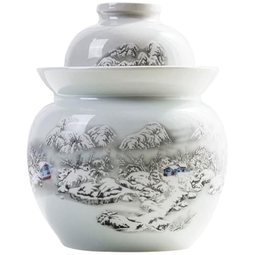 Chinese Hand-painted Snow Scene Kimchi Jar, Hand-made Ceramic Fermentation Tank, Large-capacity Household Storage Bottle, Water-sealed Fermentation(3.5kg/123.4oz)