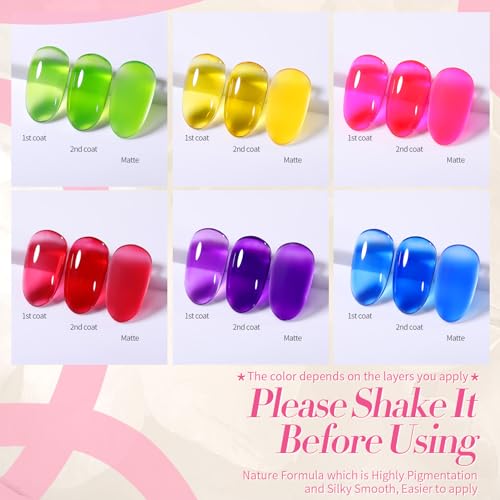 BORN PRETTY Jelly Gel Nail Polish Neon Spring Summer Gel Polish,Hot Pink Red Purple Blue Green Yellow 6Colors Translucent Effect,Soak Off U v LED Light Cure Nail Art Kit Salon Manicure and DIY at Home