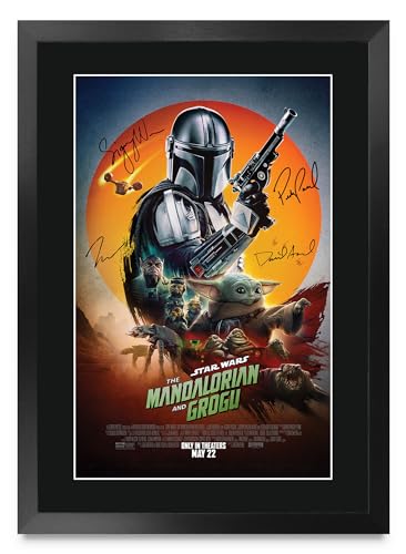 HWC Trading Mandalorian and Grogu Star Wars Pedro Pascal Geschenke Geduckter Poster Signiertes Autogramm Foto für Fans von Film Memorabilien - A3 Gerahmt (ID-009324)