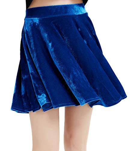 Velvet Skater Skirt for Women Basic Versatile Stretchy Flared Casual Mini Skirt (Royal, L)