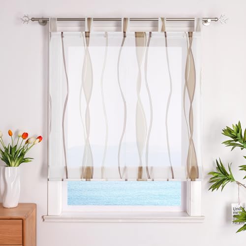 ESLIR Roman Blind with Eyelets, Kitchen Roman Curtains, Transparent Tab-Top Roller Blind Curtains with Wave Print