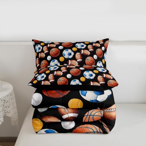 Image of Feelyou Soccer Football Comforter Set Queen Size Basketball Baseball Softball Sport Theme Bedding Set for Kids Boys Girls Black Duvet Quilt Bedroom Decor Microfiber 3 Pcs with 2 Pillow Cases