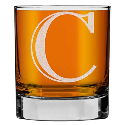 Etched Monogram 10.25oz Rocks Old Fashioned Lowball Glass for Whiskey Scotch Bourbon (Letter C)