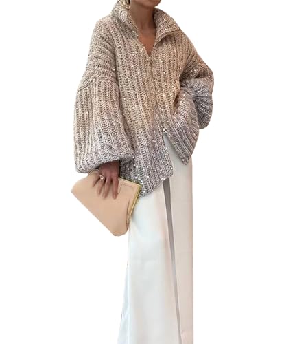 Womens Oversized Sequin Sweater Fashion Stand Collar Lantern Sleeve Zip Up Cardigan Sweaters