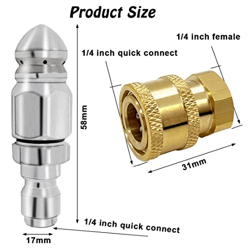 2 Pack 5000 Psi Sewer Jet Nozzle With Pressure Washer Coupler, Stainless Steel 1/4 Inch Pressure Washer Drain Jetter Hose Nozzle And Brass Fittings Quick Connector, 1/4'' Quick Connect To Female Npt #TOP1