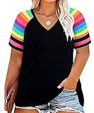 CARCOS Plus Size Black Tops for Women 3X Short Sleeve T Shirts Rainbow Stripe Raglan V Neck Rainbow Blouses Casual Loose Fit Summer Tunics 3XL 20W 22W