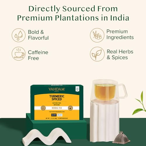 Image of VAHDAM, Turmeric Spice Herbal Tea Bags (30 Count) Caffeine Free, Non GMO, Gluten Free | 100% Pure Herbal Tisane - Savory & Spicy | Individually Wrapped Pyramid Tea Bags | Direct from Source