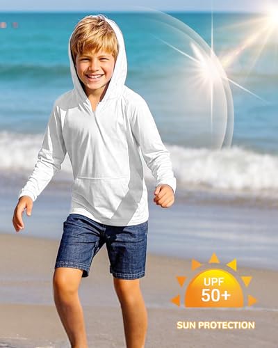 Image of Boys Rash Guard Long Sleeve Hoodie Swim Shirt with Pocket Youth Kids UPF 50+ Sun Protection Fishing Shirts Thumb Hole