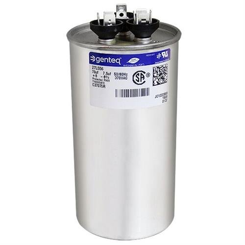 Carrier P291-7073RS - 70 + 7.5 uF MFD x 370 VAC Genteq Replacement Dual Capacitor Round # C37075R / 27L556