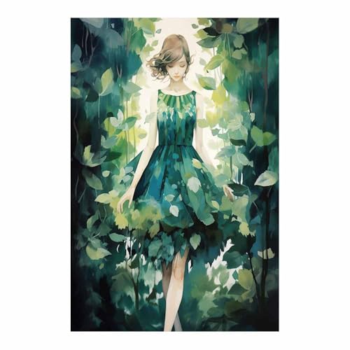 Portrait feminin robe feuilles jungle grand poster mural moderne vert TERUEA 70x100
