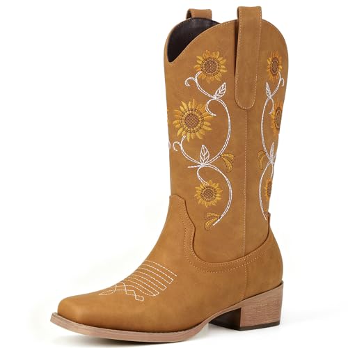 Image of Cowboy Boots for Women - Mid Calf Western Sunflower Cowgirl Boots with Floral Embroidery, Square Toe Stitched Pull On Retro Design, Perfect for Country Idyll, Concerts and More