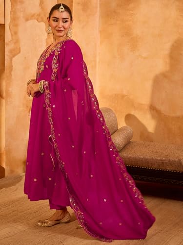 Image of Naixa Women's Vichitra Silk Embroidered Flared Kurta with Pant and Dupatta Sets (NX5-695)